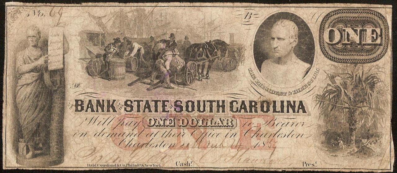 1859 $1 DOLLAR BILL SN 69 SOUTH CAROLINA BANK NOTE OLD PAPER MONEY NO CUT CANCEL 1859 $1 DOLLAR BILL SN 69 SOUTH CAROLINA BANK NOTE OLD PAPER MONEY NO CUT CANCEL