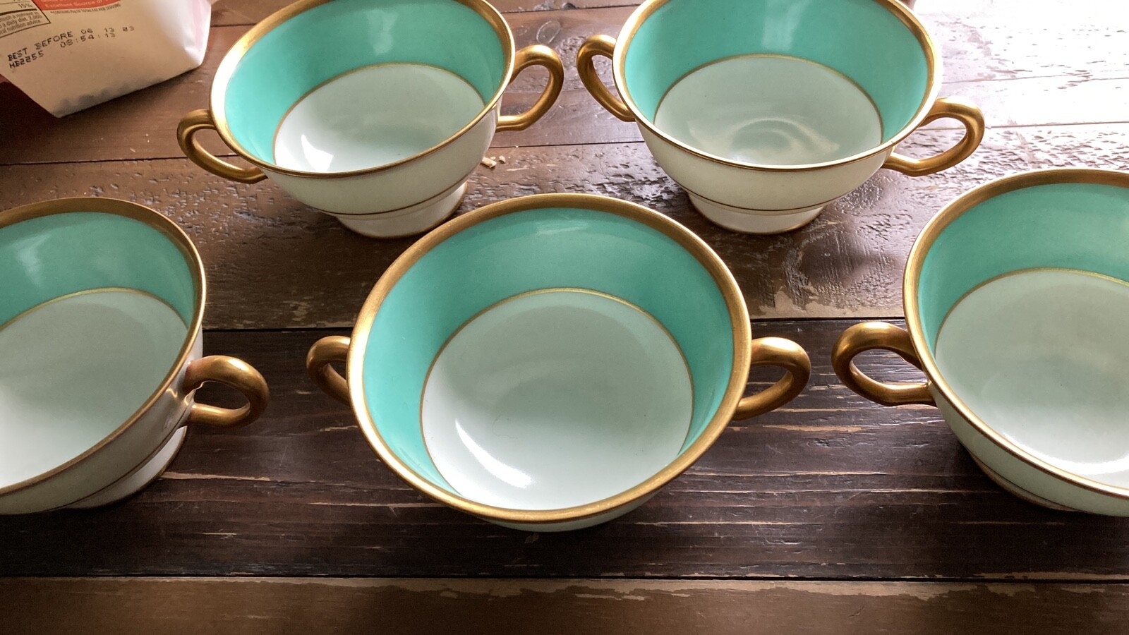Antique Hutschenreuther Dresden Turquoise Gold Bouillon Cups Set 5 Dessert Bowls Antique Hutschenreuther Dresden Turquoise Gold Bouillon Cups Set 5 Dessert Bowls