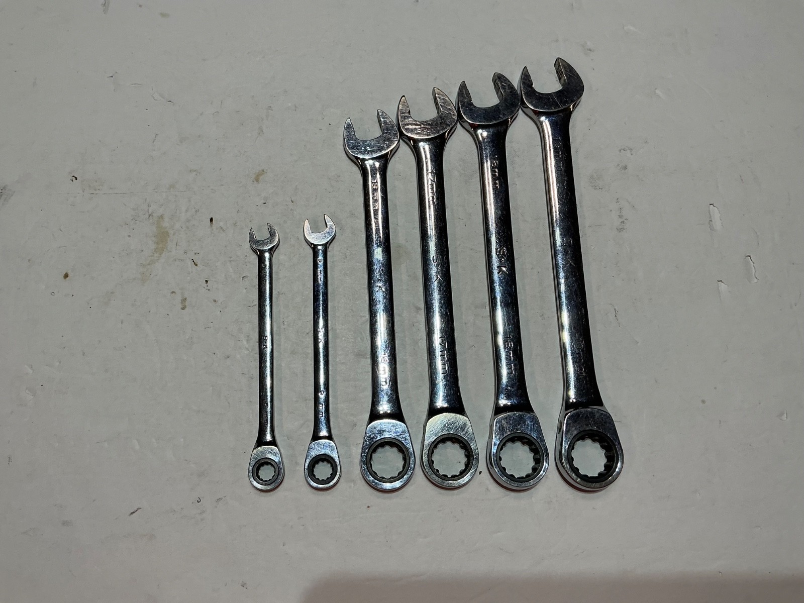 Rare S-K 6 pc Metric G-Pro splined ratcheting combination wrench set 8mm-19mm Rare S-K 6 pc Metric G-Pro splined ratcheting combination wrench set 8mm-19mm
