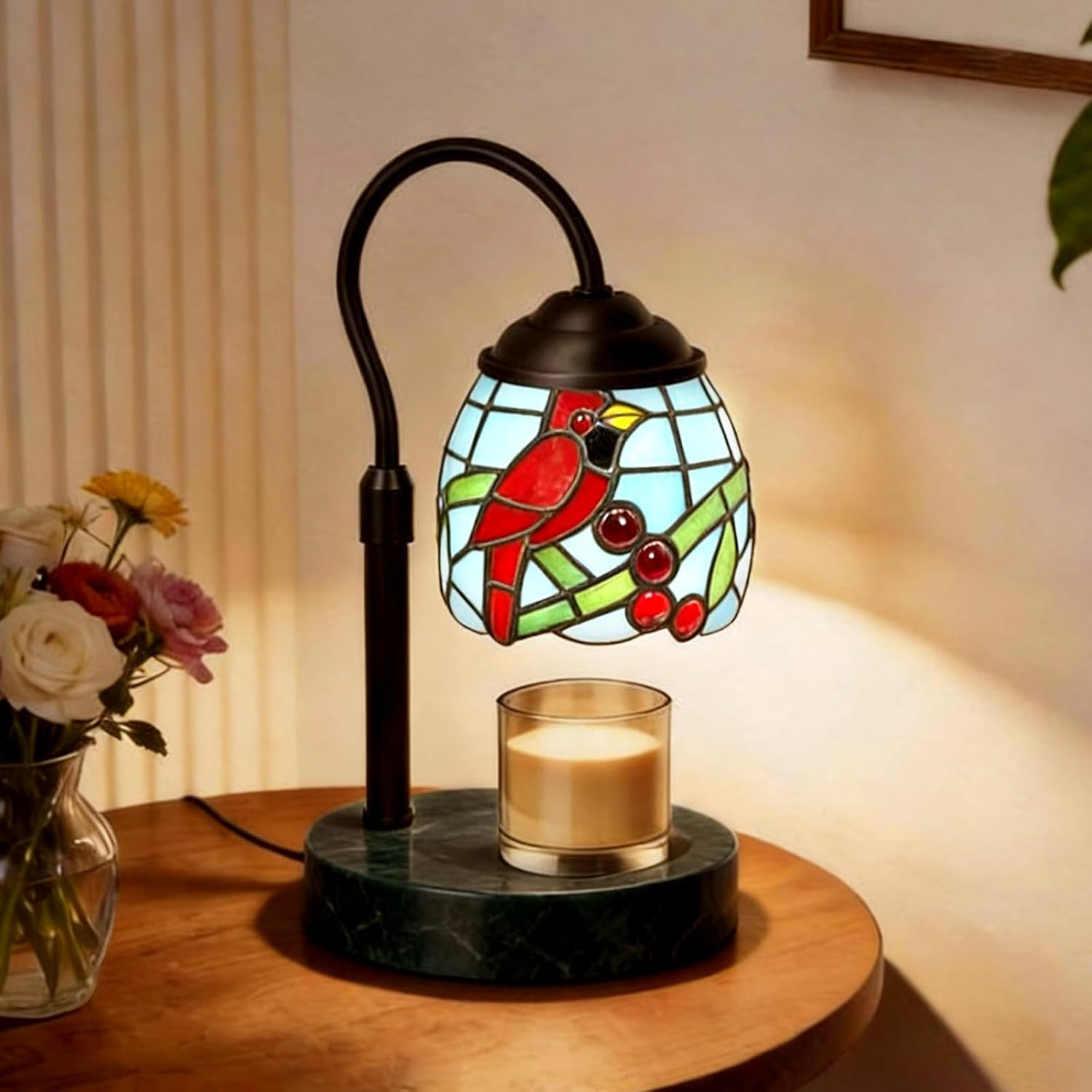 Vintage Cardinal Tiffany Style Candle Warmer Lamp Red Bird Marble with 2 Bulbs