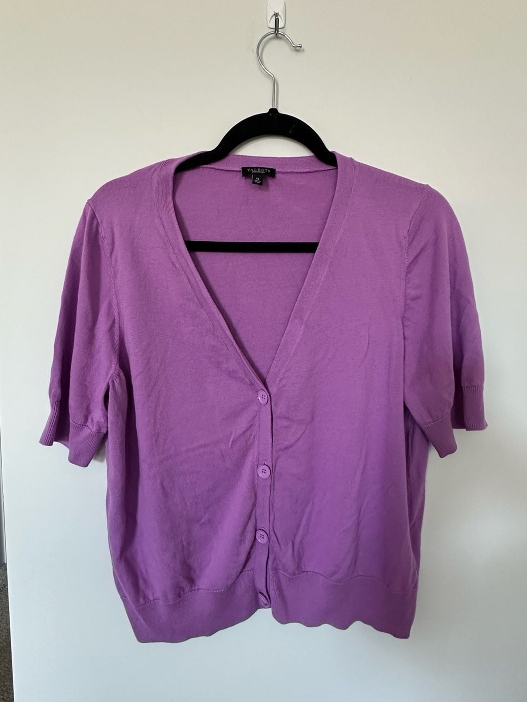 Talbots Purple Short Sleeve V-Neck Button Cardigan Sweater XL Talbots Purple Short Sleeve V-Neck Button Cardigan Sweater XL