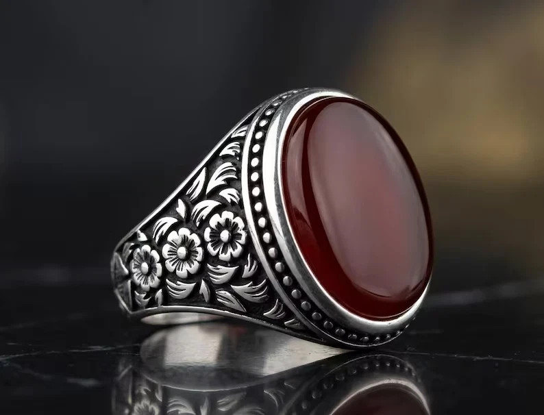 Men\'s Red Yemeni Aqeeq Ring 925 Sterling Silver Handmade Agate Statement Ring