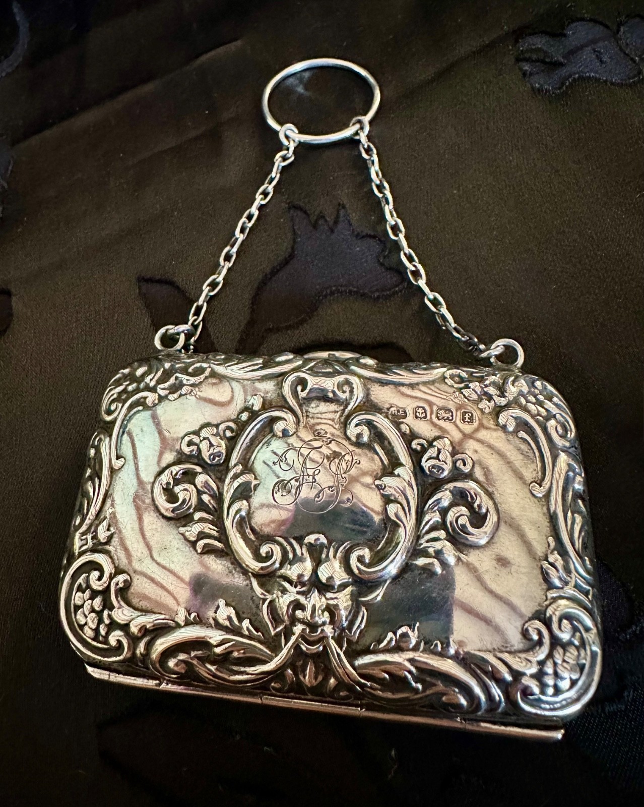 Antique Edwardian English Sterling Silver Evening Purse Chain Finger Loop 48g