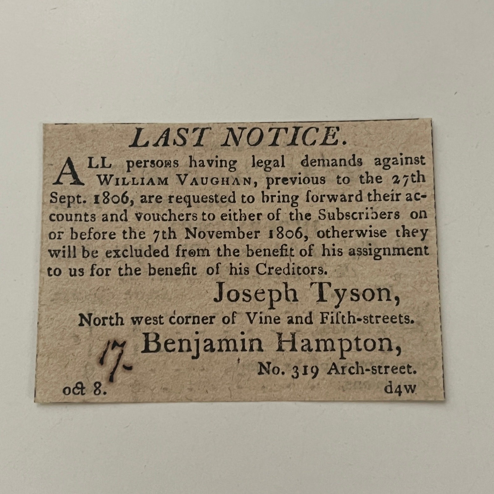 Legal Demands Against William Vaughan 1806 Philadelphia Clipping SAJ6-S7 Legal Demands Against William Vaughan 1806 Philadelphia Clipping SAJ6-S7