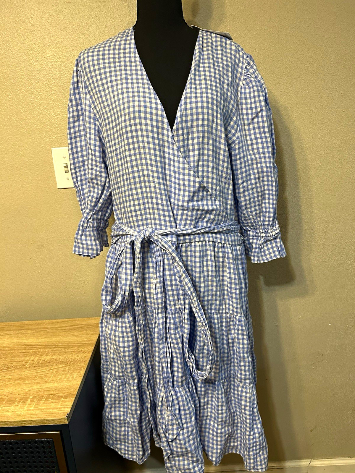NWT Lauren Ralph Lauren Size 16 Linen Gingham Blue White Tie Waist Dress