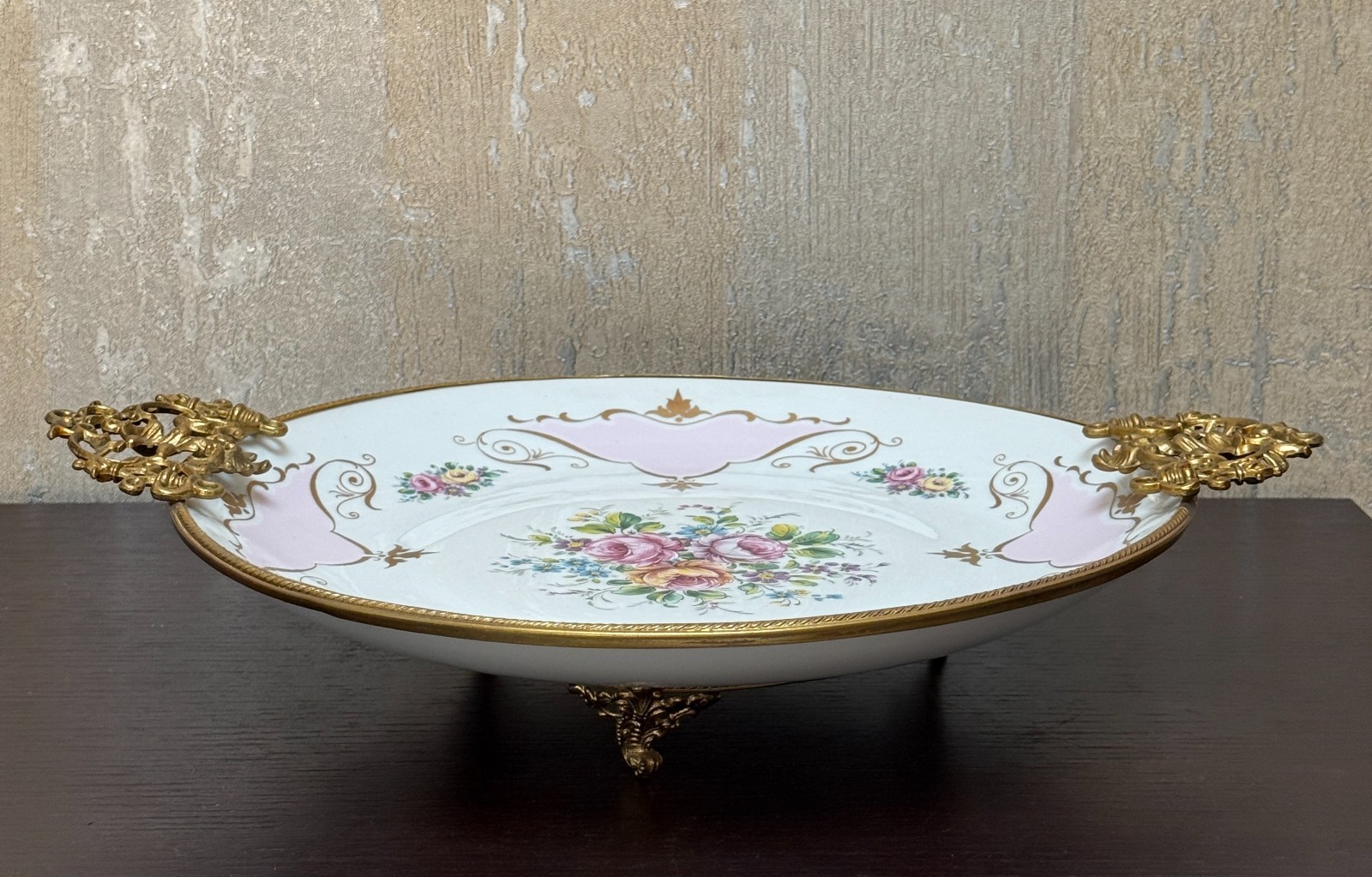 Enric Limoges France Porcelain Centerpiece Bowl Gilt Bronze Handles Floral 11.75