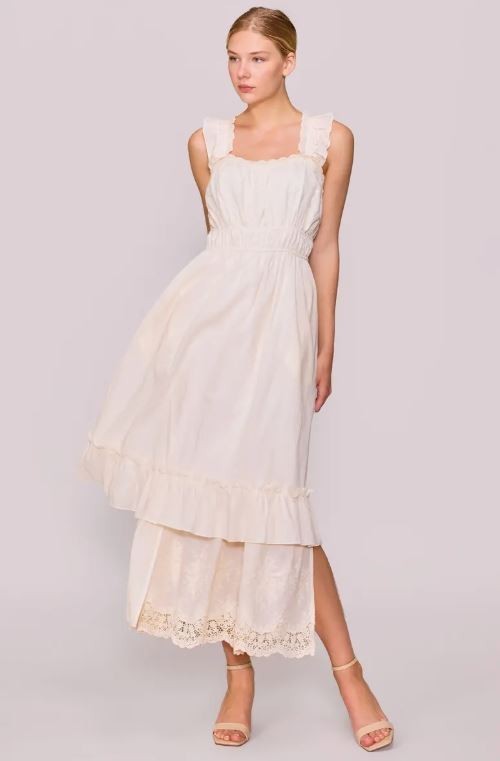 NWT MELLODAY Ruffle Tiered Maxi Sundress White Lace Trim Boho Square Neck Small NWT MELLODAY Ruffle Tiered Maxi Sundress White Lace Trim Boho Square Neck Small