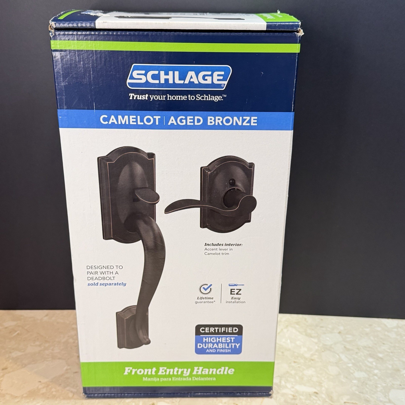 NIB Schlage Camelot Front Entry Handle w/ Accent Lever in Aged Bronze FE285