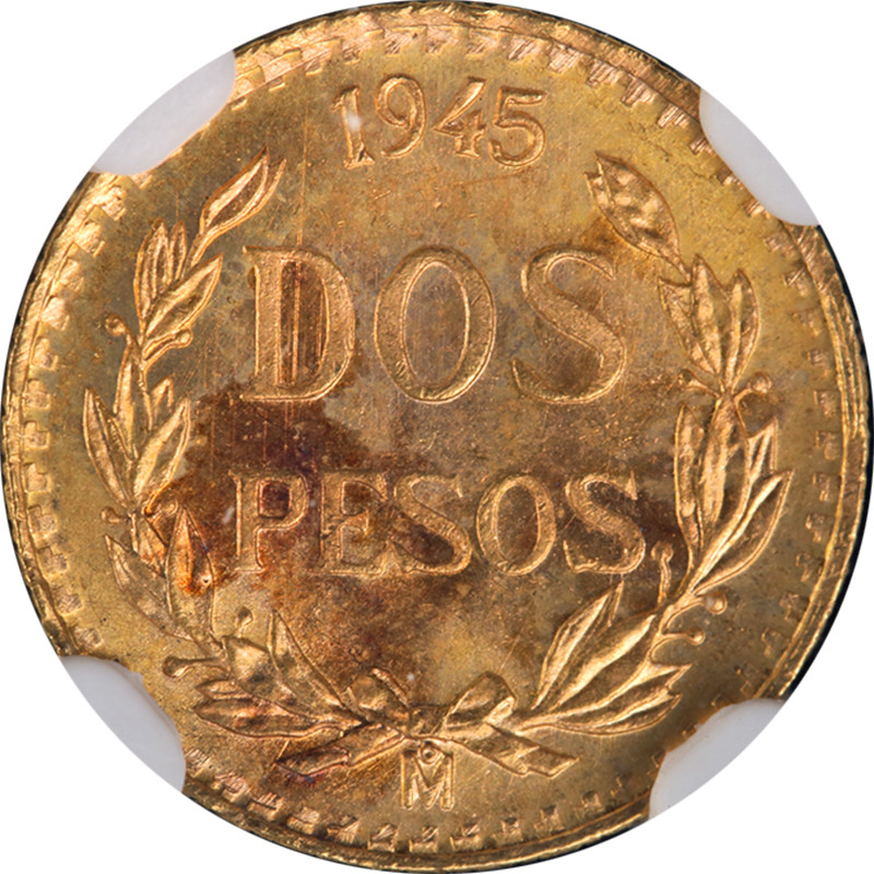 1945 Mo Mexico Gold 2 Peso Restrike NGC MS65 - STOCK