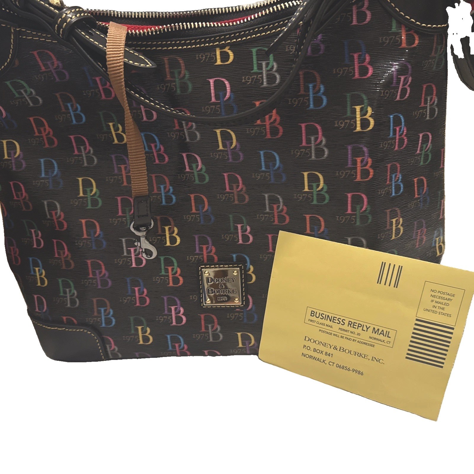 NEW Dooney & Bourke Logo Print Zip Shoulder Bag Black Multicolor HOT Red Lining NEW Dooney & Bourke Logo Print Zip Shoulder Bag Black Multicolor HOT Red Lining