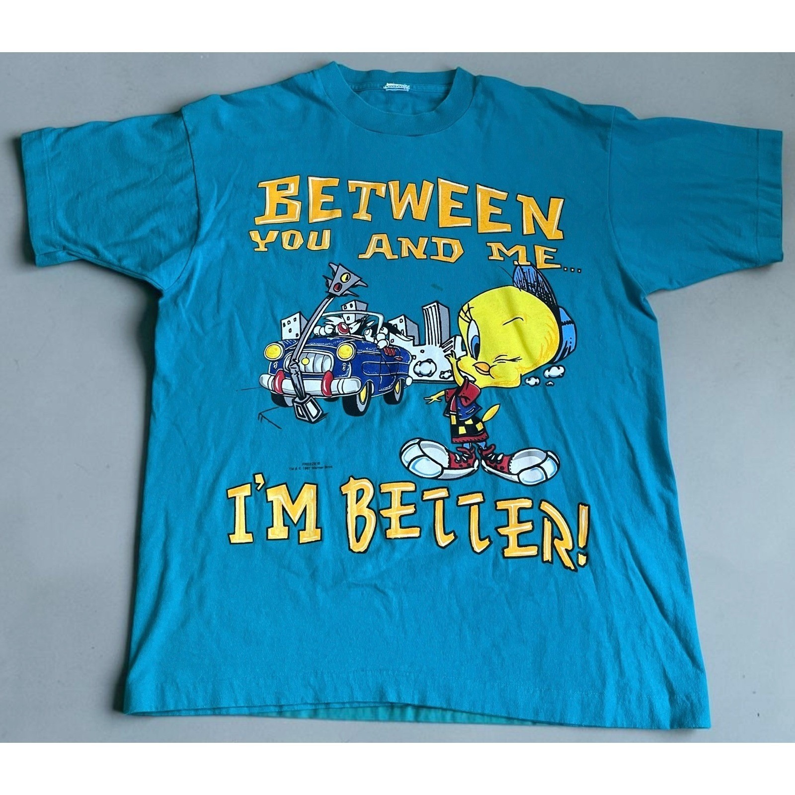 Vintage 1997 Looney Tunes Tweety Bird T-Shirt Freeze Teal Single Stitch 90s L