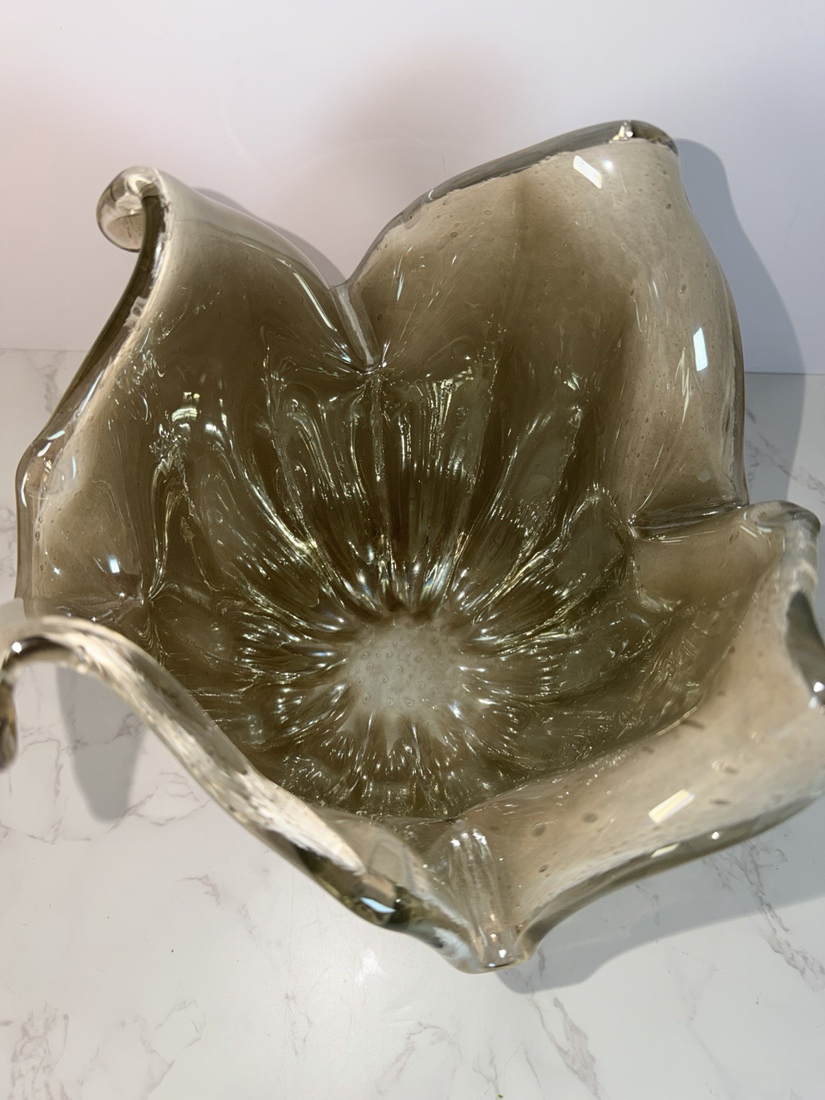 XL Murano Art Glass Bowl Handkerchief Centerpiece VTG Champagne/Tan Collectible