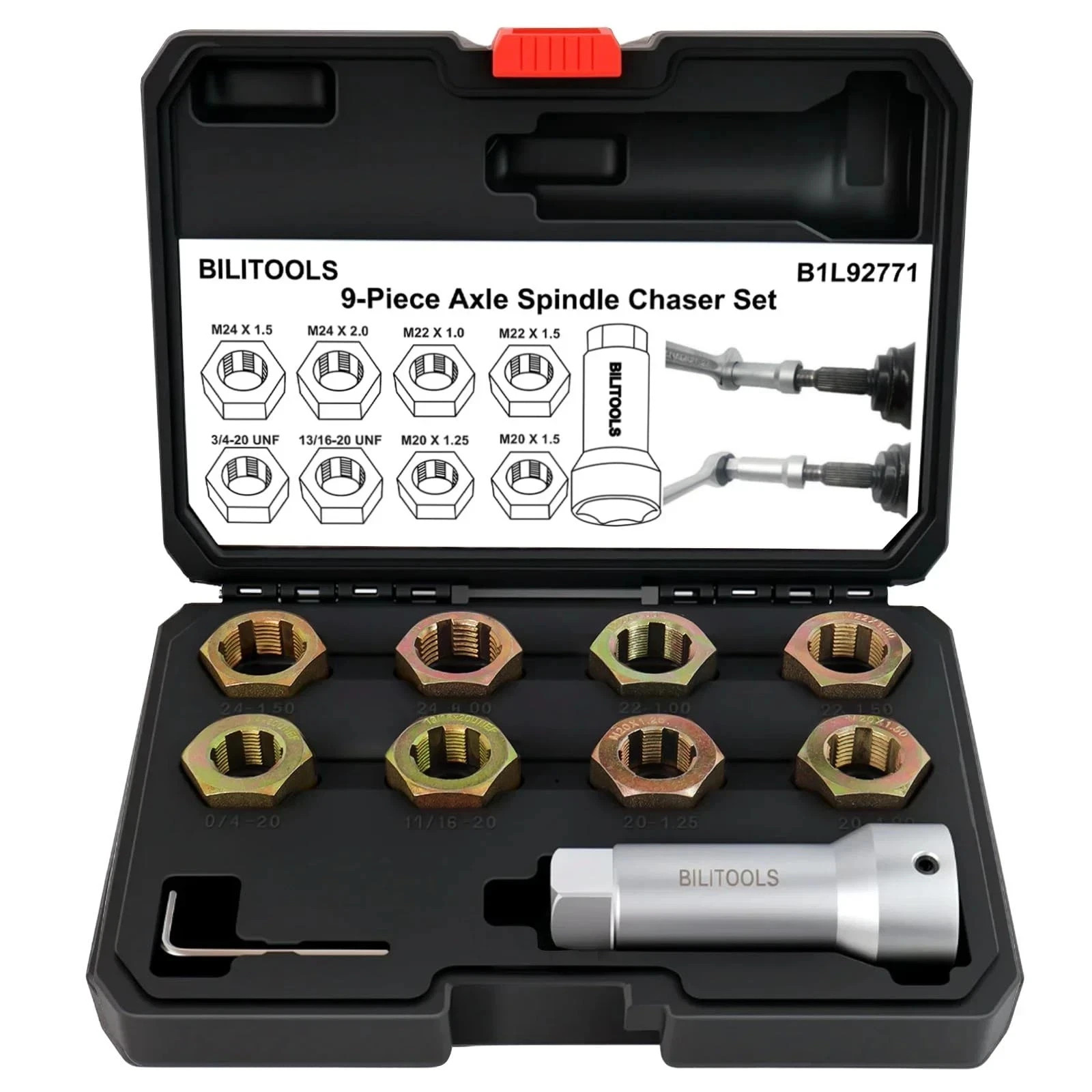 Axle Spindle Rethreading Tool Kit, 10-Piece Axle Wheel Stud Thread Chaser Rep...