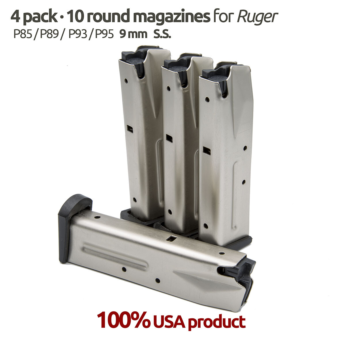 4 Pack Ruger P/85/P89/P95/P93/ 10 Round S.S Magazines 4 Pack Ruger P/85/P89/P95/P93/ 10 Round S.S Magazines