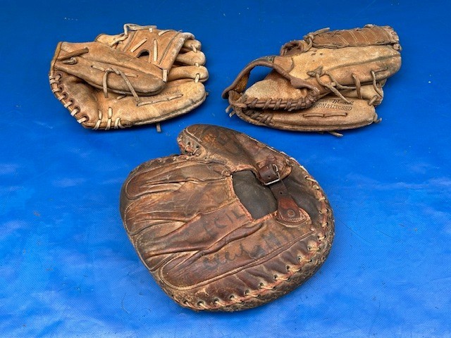 (2) Vintage Toughness Hutch #8 #45 Baseball Gloves and (1) Early Catchers Mitt
