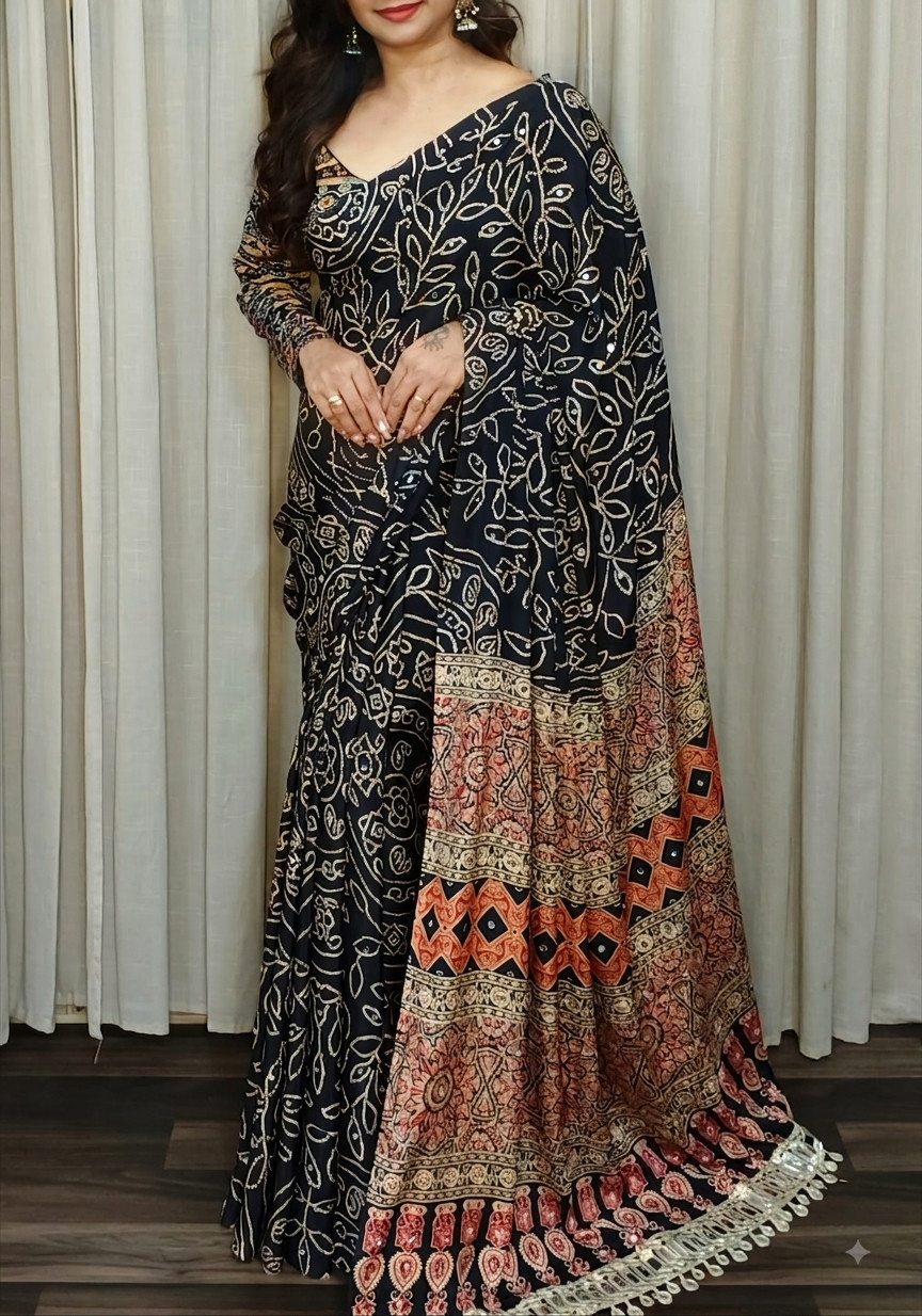 Pure Gajji Silk Ajrakh Saree Bandhej Mirror Work Indian Ethnic Sari With Blouse