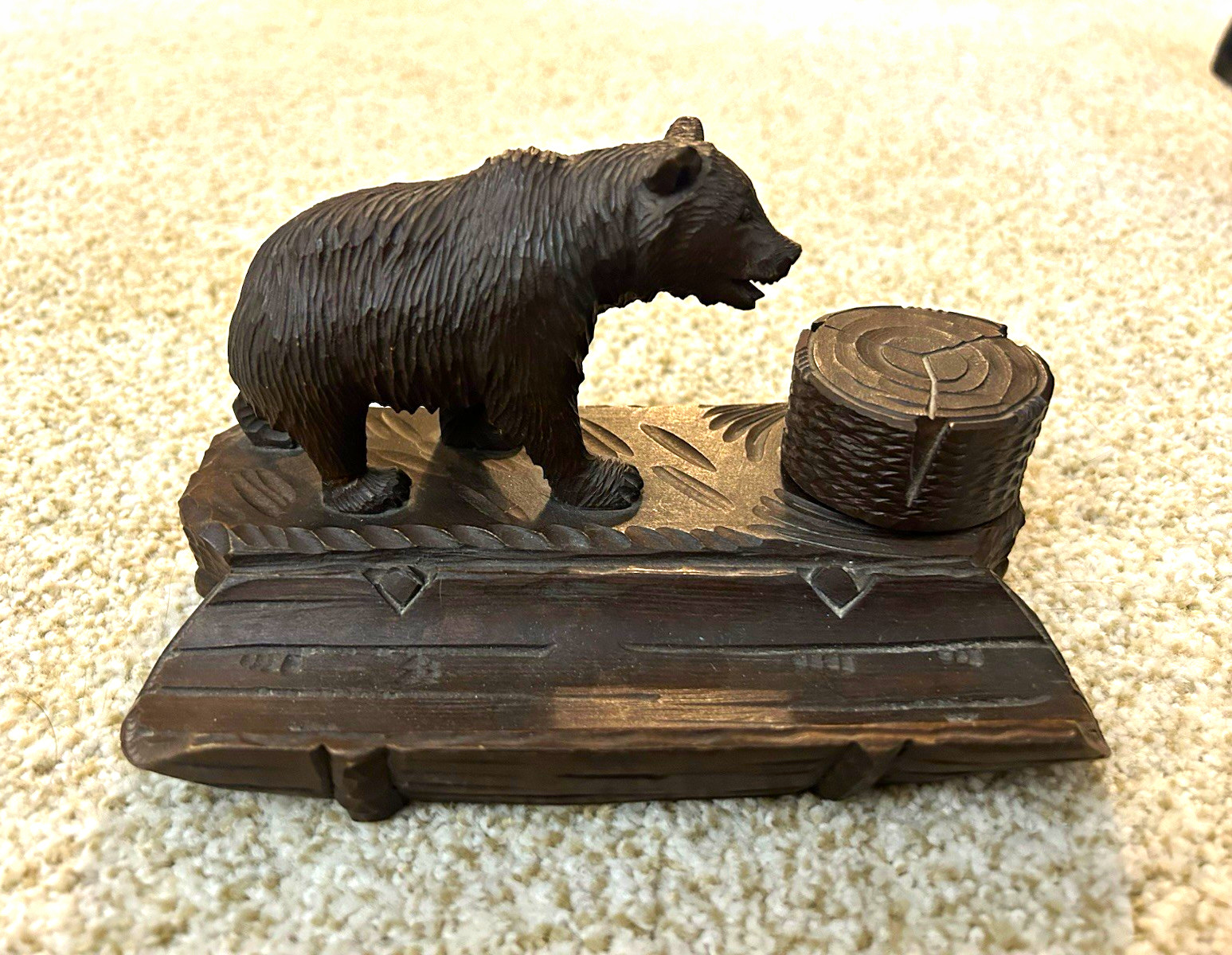 Antique Black Forest Style Carved Wood Bear Inkwell w/ Glass Insert