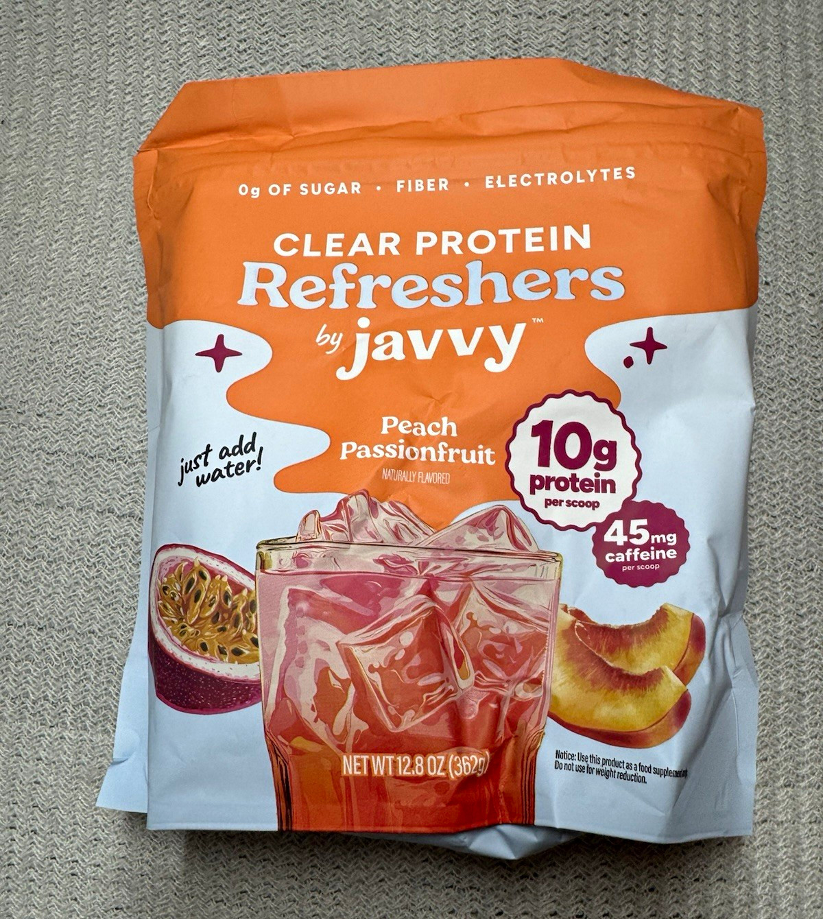 Javvy Clear Protein Refreshers Peach Passionfruit Powder w/ Caffeine 12.8 oz Javvy Clear Protein Refreshers Peach Passionfruit Powder w/ Caffeine 12.8 oz