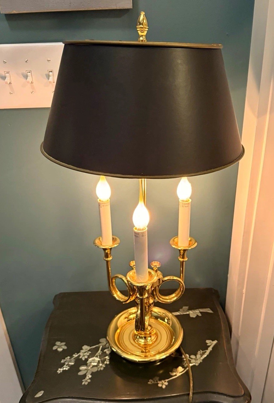Vintage Baldwin Brass 3 Light Bouillotte Lamp French Horn Arms Black Shade USA