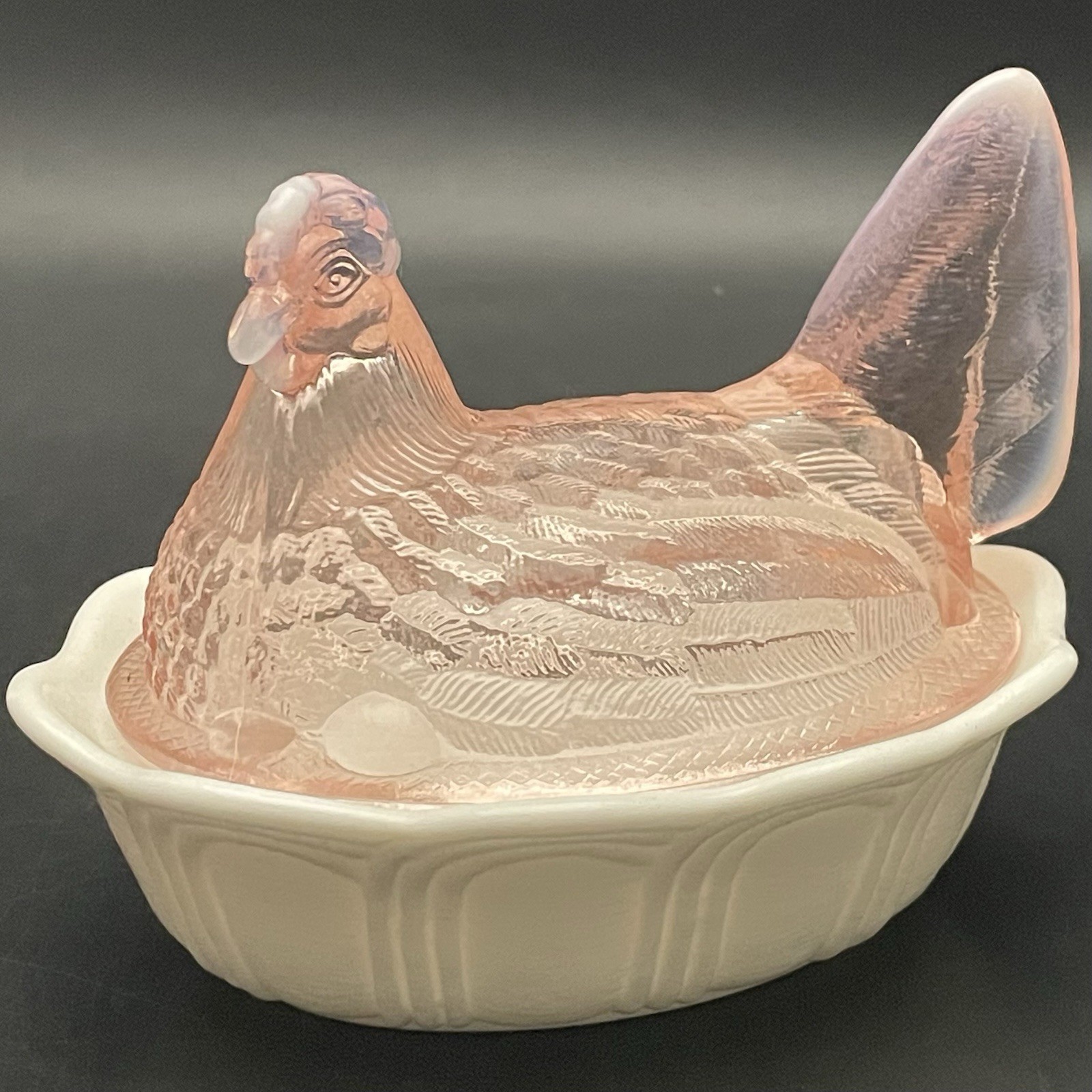 Fenton Pink White Split Tail Hen on Nest Salt Cellar c1980s USA 4.25\