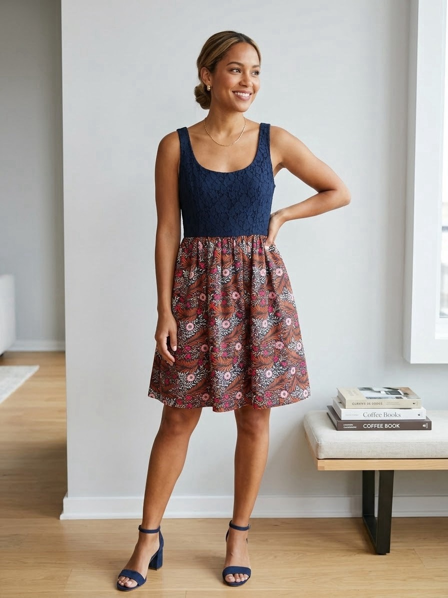 Anthropologie Weston Wear Lace Floral Fit Flare Dress Sz 6 Navy Orange Botanical