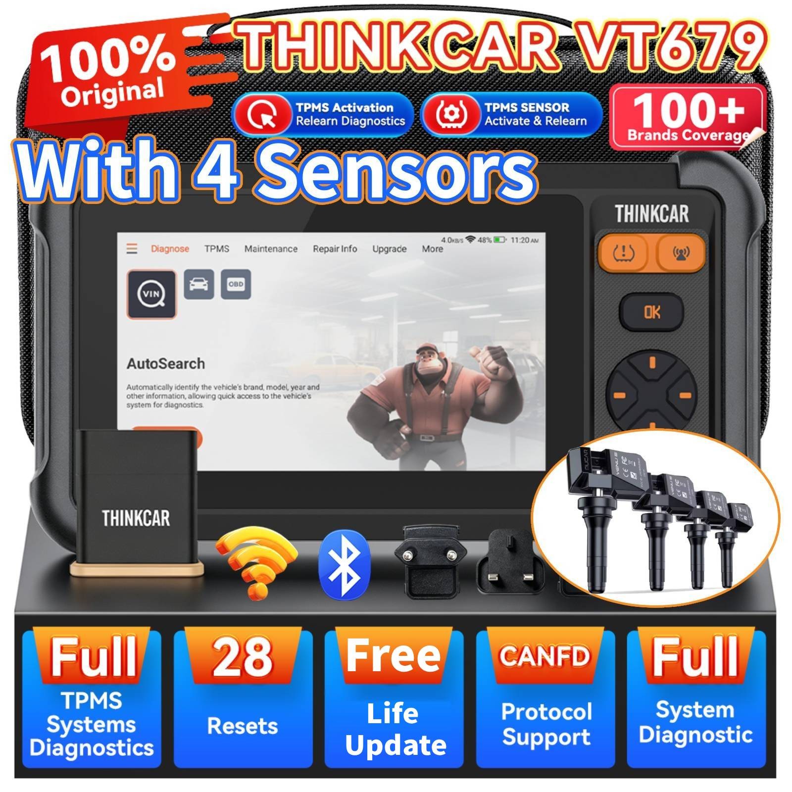 THINKCAR VT679 TPMS+Sensors Vehicle  Diagnostic Scanner CANFD 28Resets Life Free