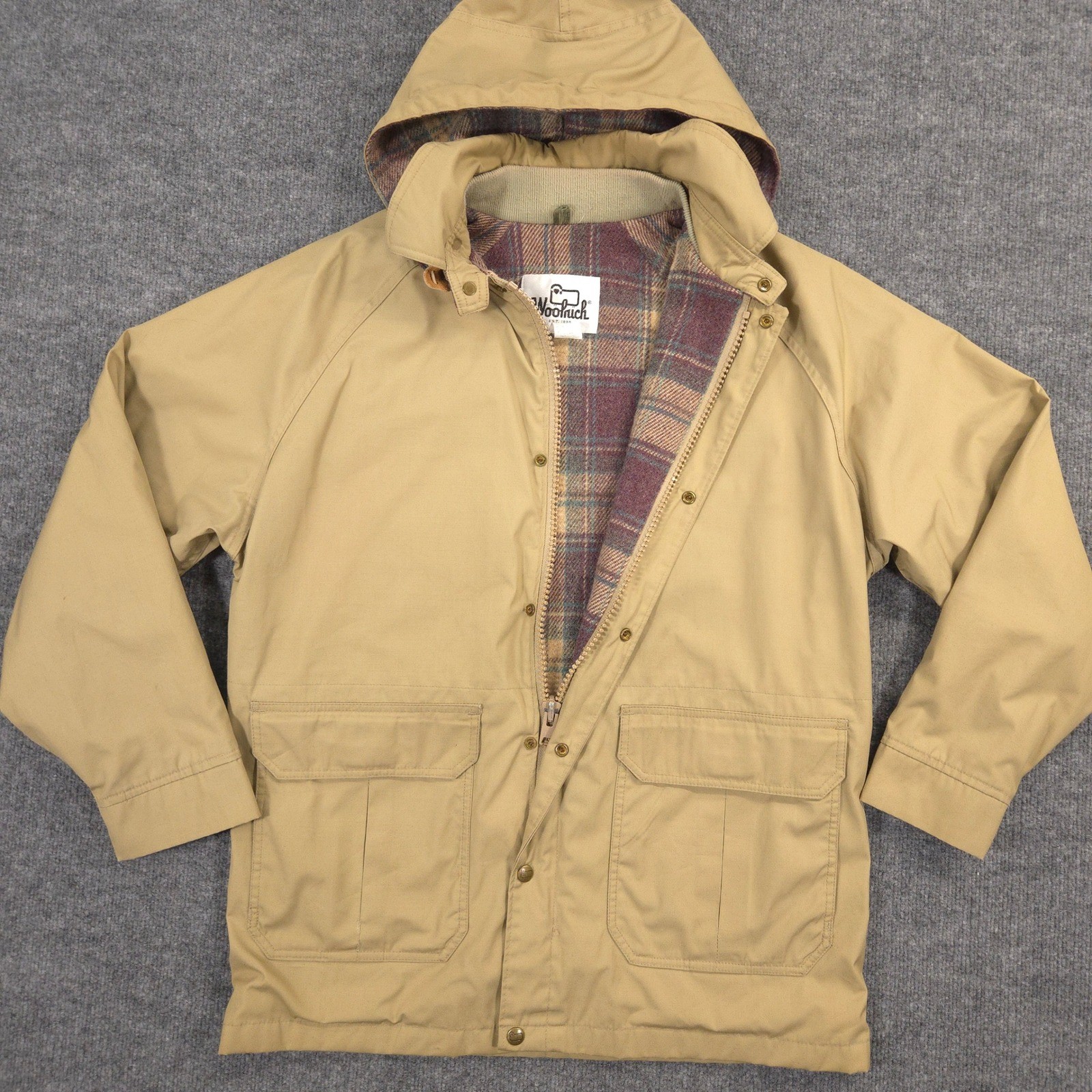 Vintage Woolrich Mountain Parka Jacket Mens M Khaki Plaid Wool Lined Made In USA