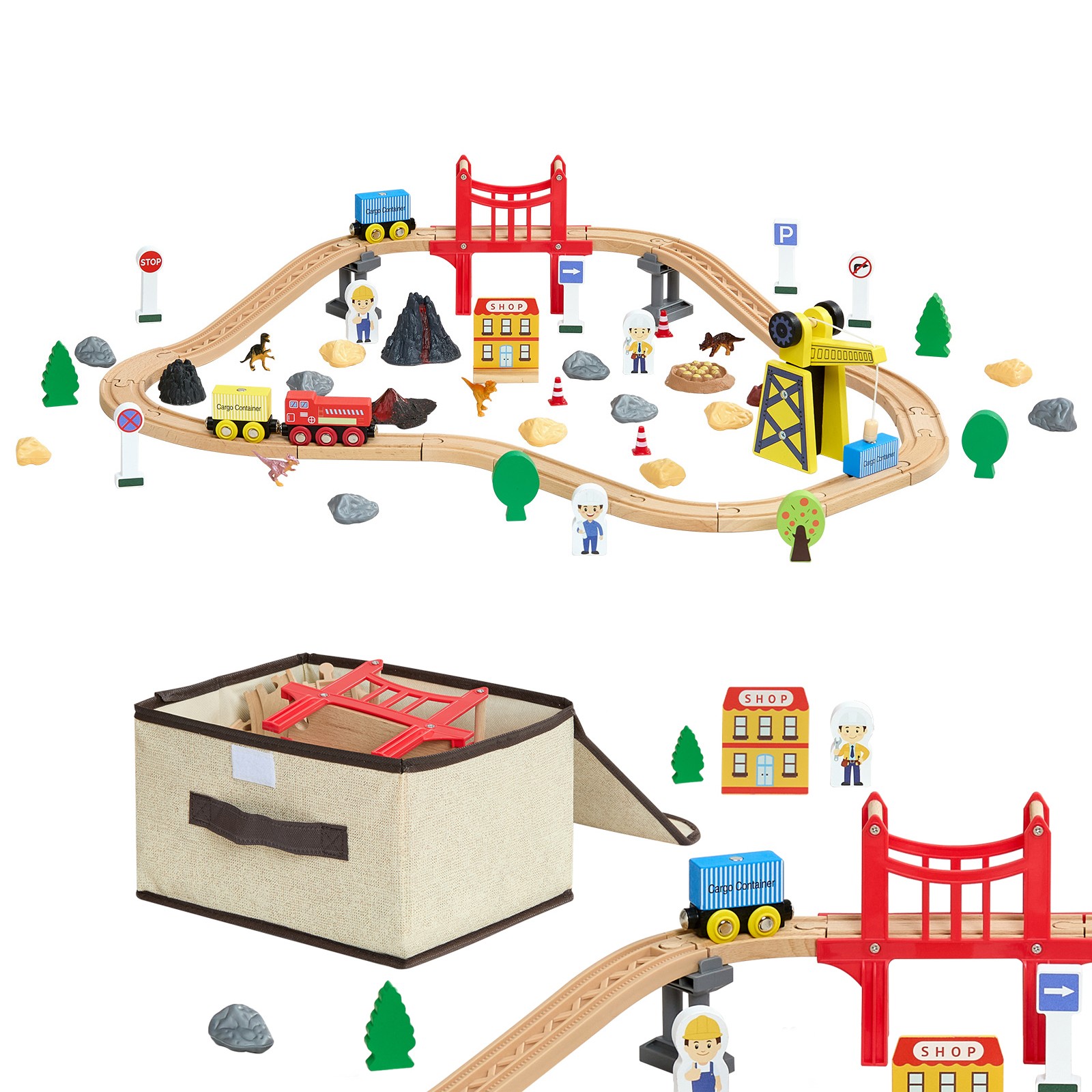 Uimoso 70PCS Wooden Train for Kids Ages 3-8 with Tracks and Construction Crane