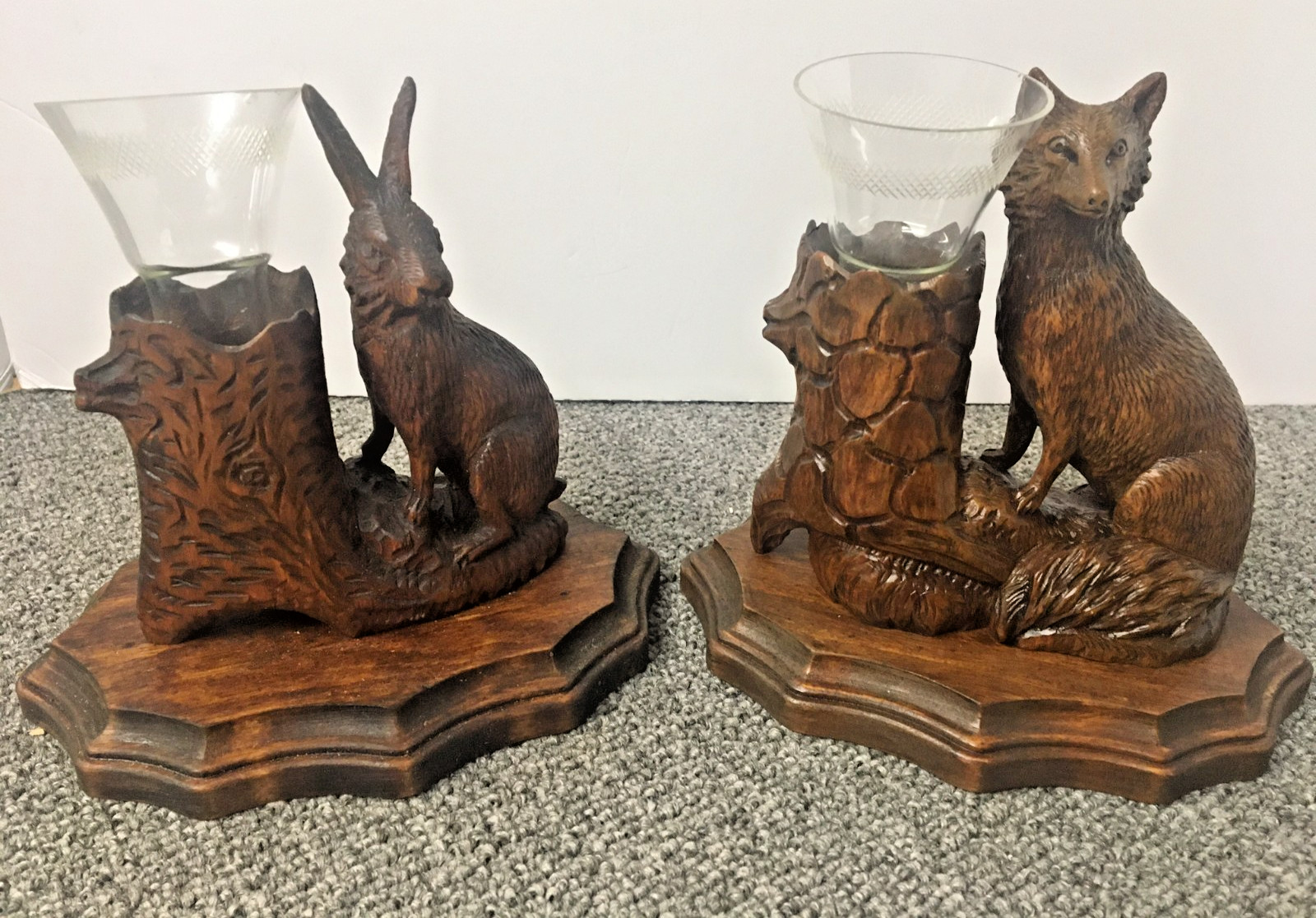 ANTIQUE BLACK FOREST SWISS WOOD CARVED PAIR FOX-RABBIT W/ EPERGNE-GLASS VASES ANTIQUE BLACK FOREST SWISS WOOD CARVED PAIR FOX-RABBIT W/ EPERGNE-GLASS VASES