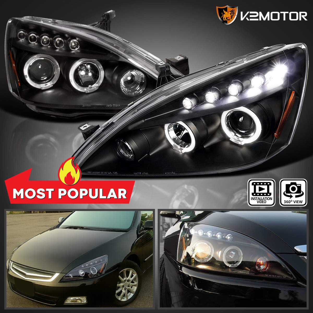 Black Fits 2003-2007 Honda Accord LED Halo Projector Headlights Lamps Left+Right Black Fits 2003-2007 Honda Accord LED Halo Projector Headlights Lamps Left+Right