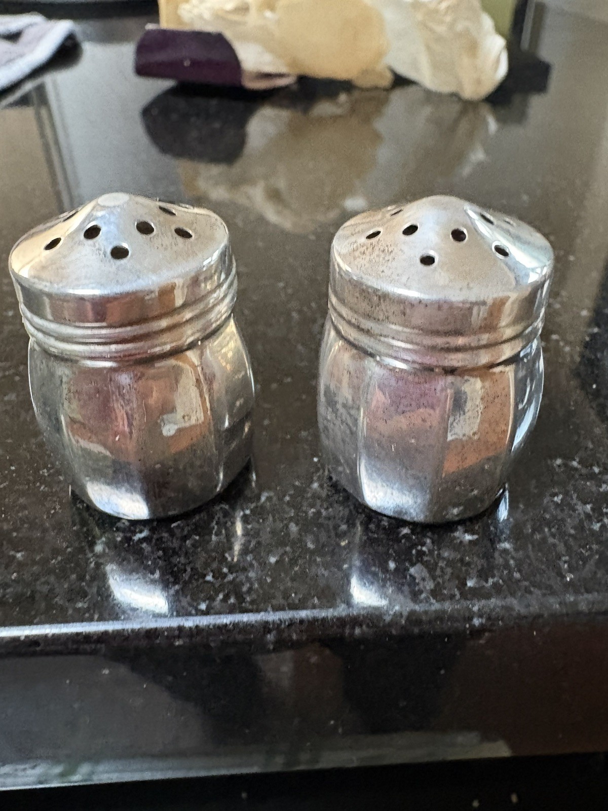 Antique Sterling Silver Mini Salt & Pepper Shakers, Set of Two. 1 -1/4” tall Antique Sterling Silver Mini Salt & Pepper Shakers, Set of Two. 1 -1/4” tall