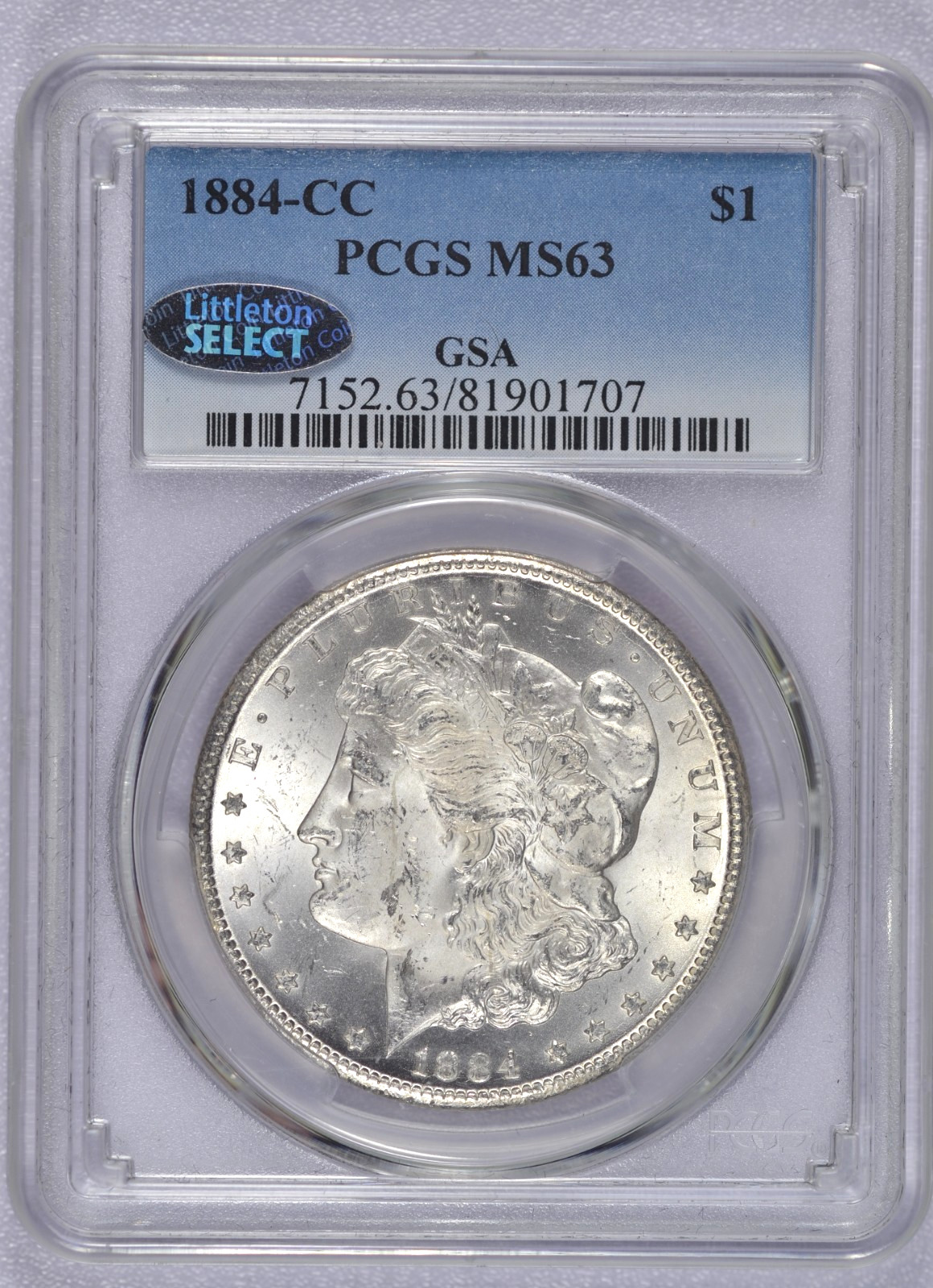 1884-CC MORGAN SILVER DOLLAR PCGS MS63 GSA CHOICE BU CARSON CITY FROSTY WHITE