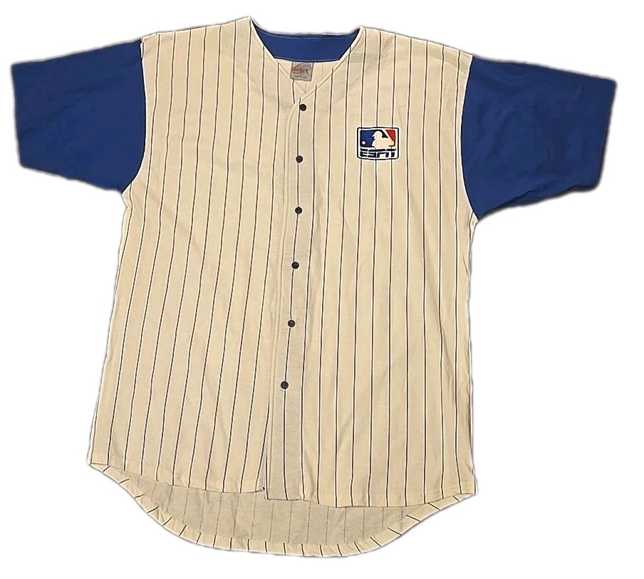 VTG ESPN Baseball Jersey Pinstripe Button Up Mens XL Sewn Stitched 90s Sports VTG ESPN Baseball Jersey Pinstripe Button Up Mens XL Sewn Stitched 90s Sports