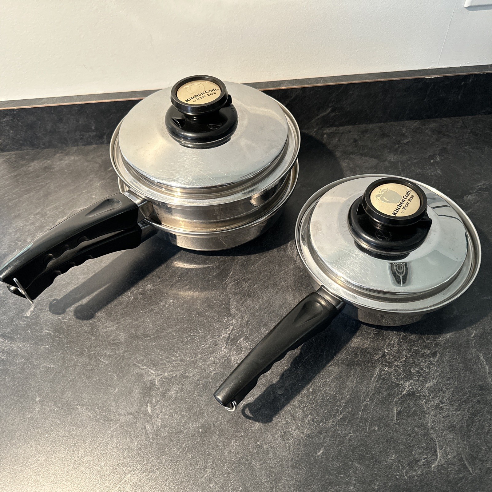 5 Piece Set Kitchen Craft West Bend Stainless Steel W/LID/Steam USA Cookware Pan 5 Piece Set Kitchen Craft West Bend Stainless Steel W/LID/Steam USA Cookware Pan