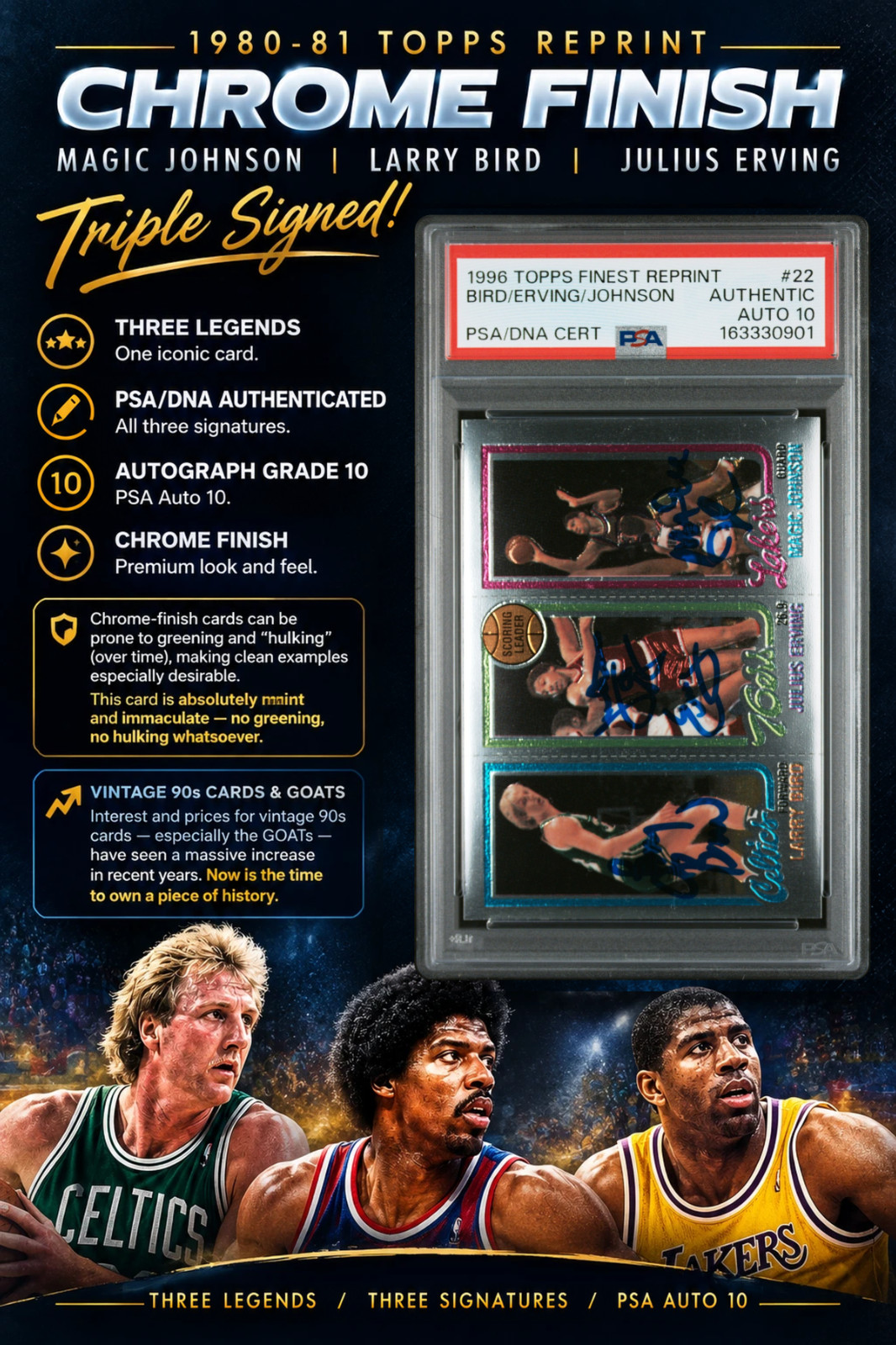 1980-81 Topps Finest Reprint #22 BIRD/ERVING/JOHNSON - 3 Autos (PSA Auto 10)