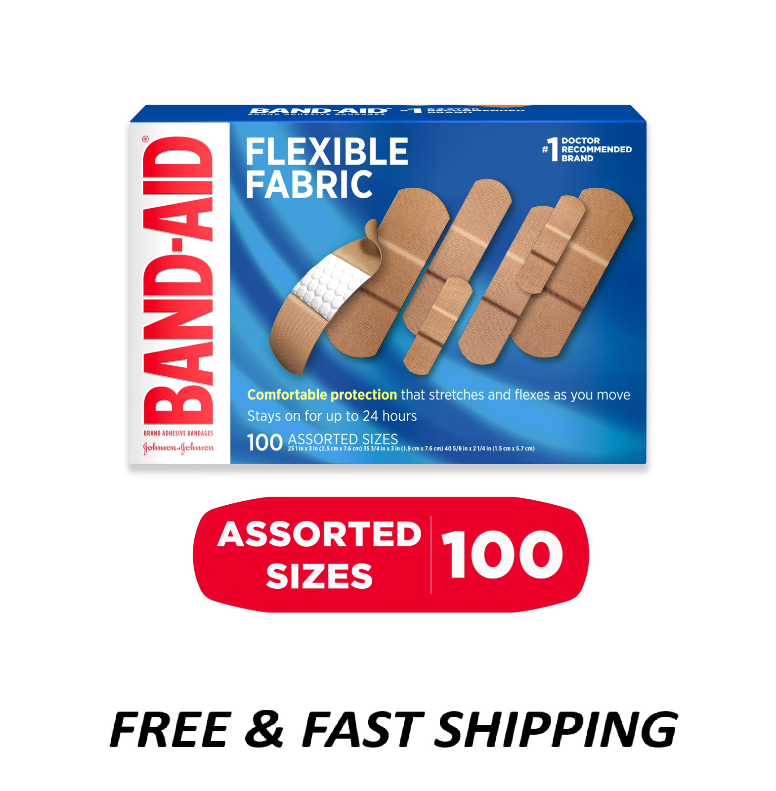Band-Aid Brand Flexible Fabric Adhesive Bandages, Assorted, 100 Count.