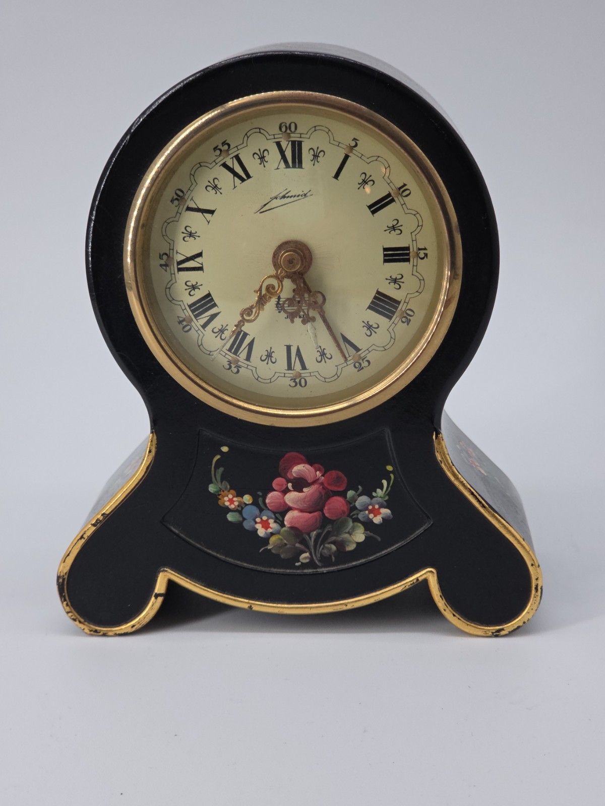 Vintage Schmid Musical Mantel Clock Roses of the South Hand Painted Black Gold Vintage Schmid Musical Mantel Clock Roses of the South Hand Painted Black Gold