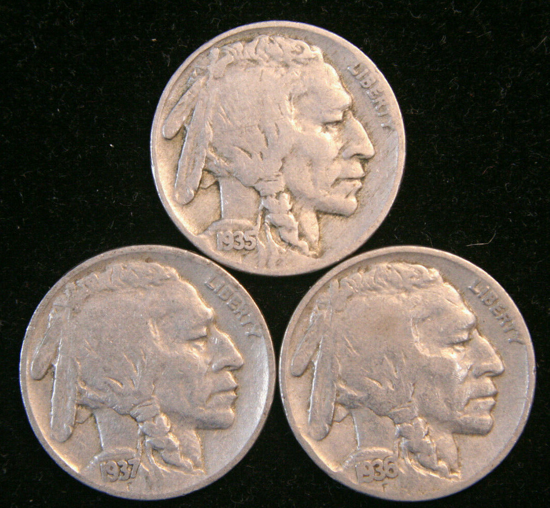 Lot of 3 Buffalo / Indian Head Nickel Coins with Full Dates, US Coins
