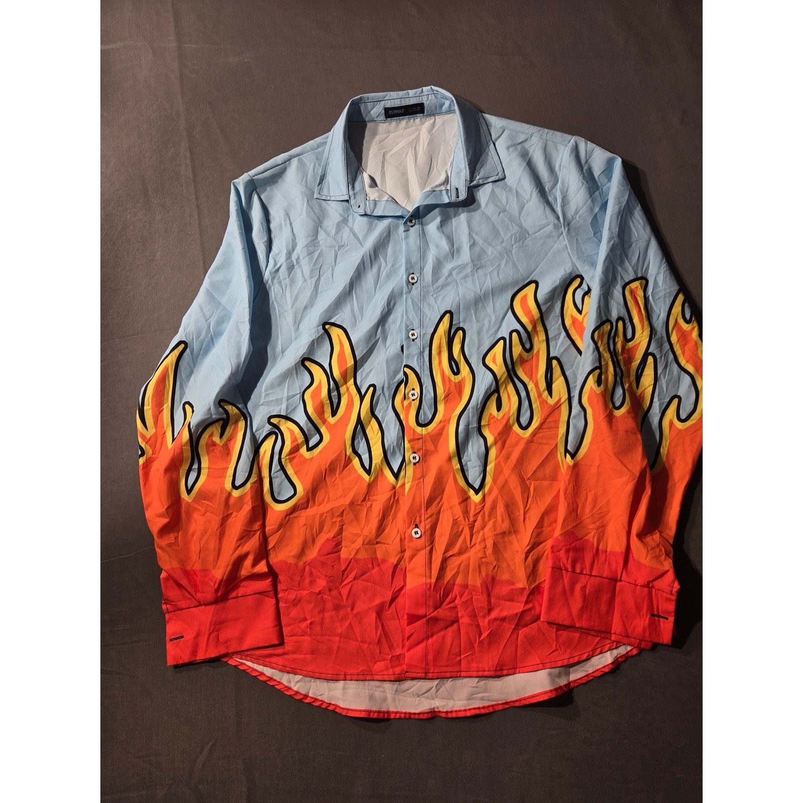 Romwe Mens Flame Graphic Print Long Sleeve Button Down Shirt Light Blue Orange L Romwe Mens Flame Graphic Print Long Sleeve Button Down Shirt Light Blue Orange L