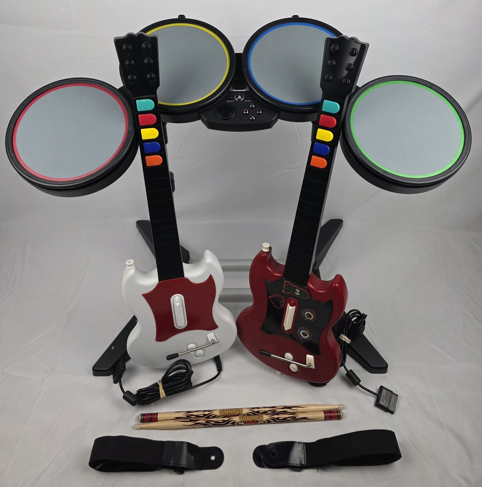 PS2/PS3 Rock Band Drum Set 822148 + 2 RedOctane Wired Guitars Straps Tested