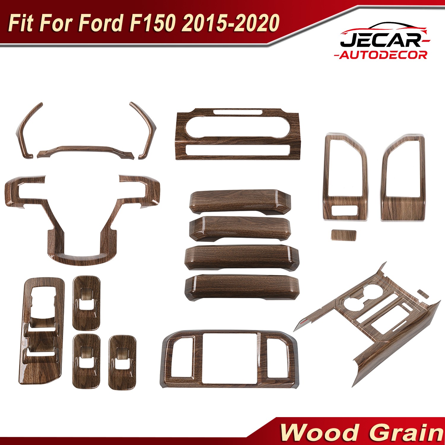 19pc Full Set Interior Console Decor Cover Trim For Ford F150 15-20 Wood Grain
