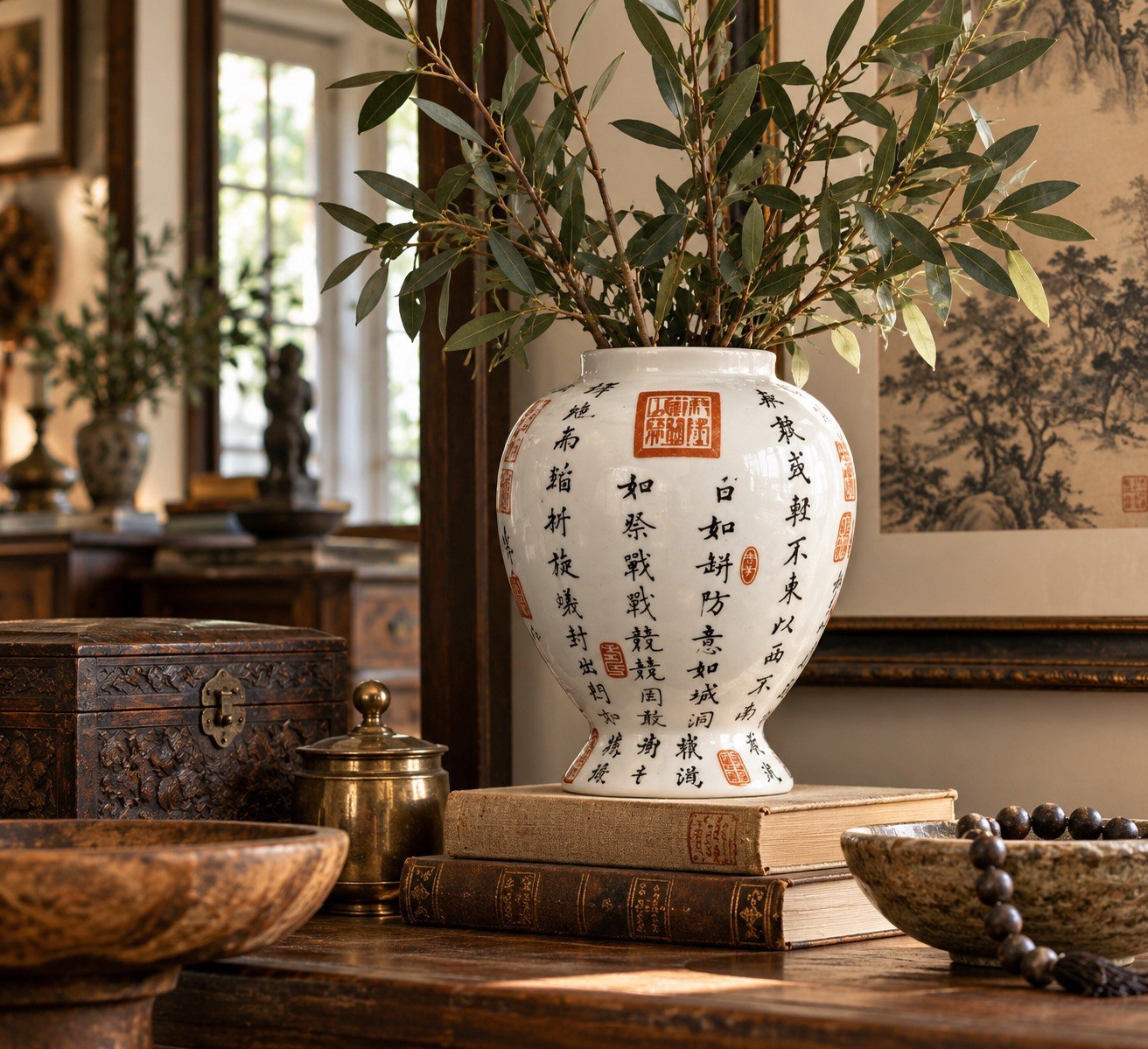 Vintage Chinese Calligraphy Vase Black Script Red Seal Marks 9” Asian Decor