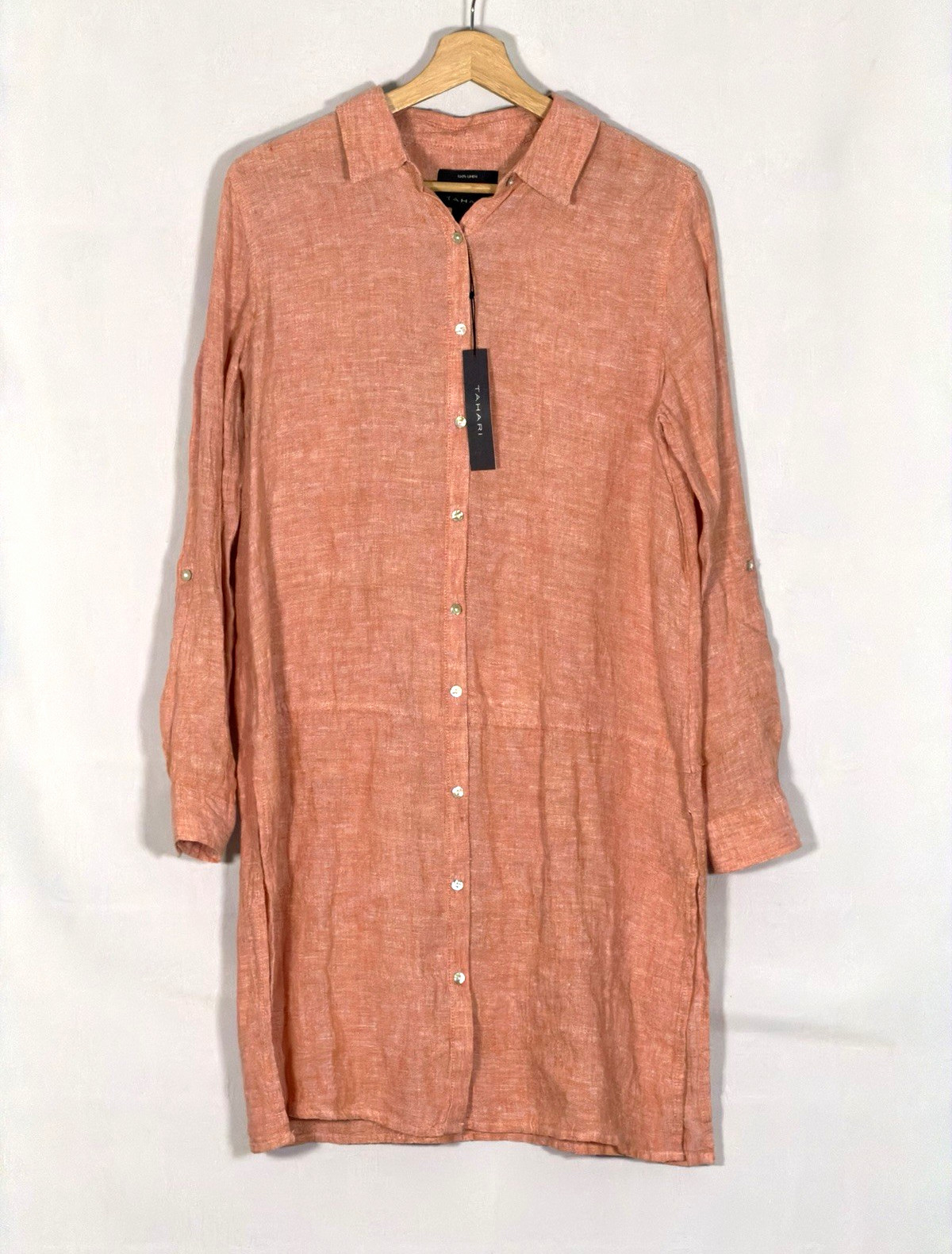 NWT Tahari 100% Linen Shirt Dress Womens S Coral Roll Tab Button Front