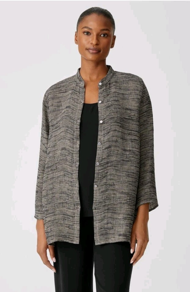 Eileen Fisher Grey Linen Blend Gauze Strata Mandarin Collar Button Up Top 1X 