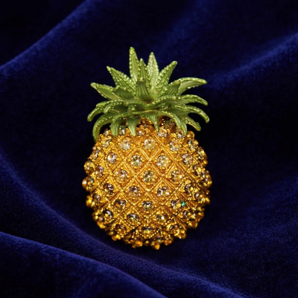 Vintage Rucinni Rhinestone Pineapple Brooch | Gold Tone Pavé Crystal Fruit Pin