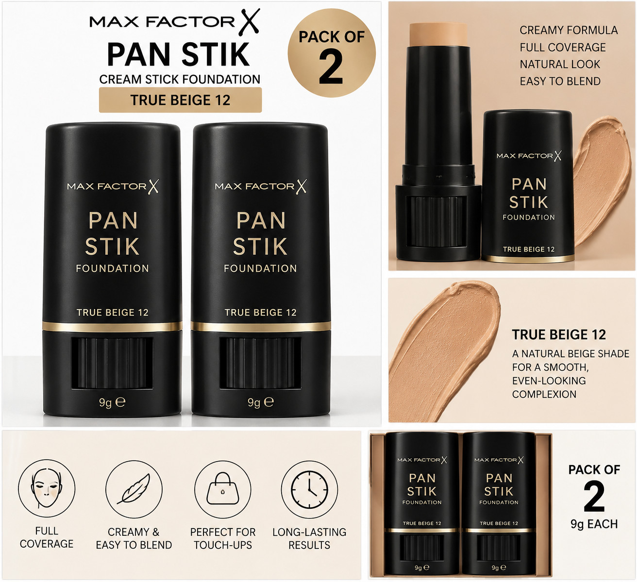 2-Pack Max Factor Pan Stik Cream Stick Foundation True Beige 12- 9g Each 2-Pack Max Factor Pan Stik Cream Stick Foundation True Beige 12- 9g Each