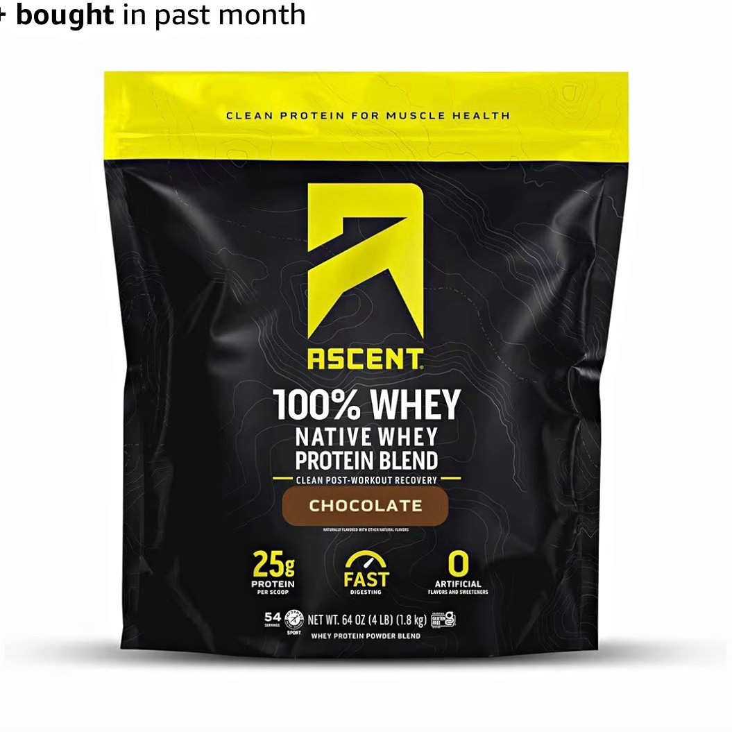 Ascent 100% Whey Protein Powder, Chocolate 4 lb, Gluten-Free, No Artificial