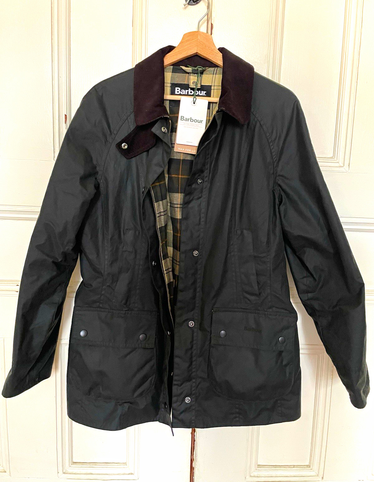 Barbour Men’s Green Wax Jacket Plaid Size 40 Zip Snap Mid-Length Point Collar Barbour Men’s Green Wax Jacket Plaid Size 40 Zip Snap Mid-Length Point Collar