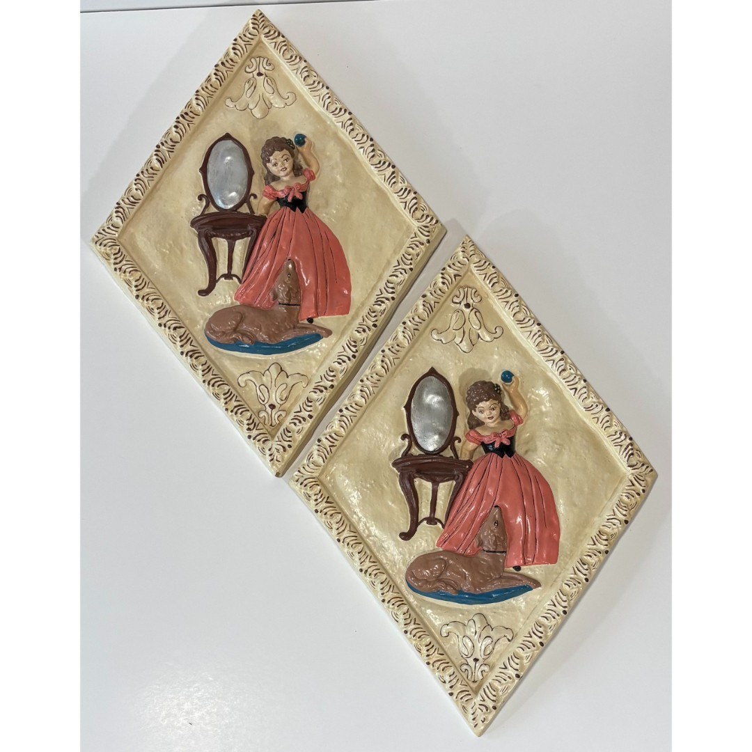 Vintage Chalkware Wall Plaques | Set of 2 | Woman Pink Dress Dog Mirror Diamond Vintage Chalkware Wall Plaques | Set of 2 | Woman Pink Dress Dog Mirror Diamond