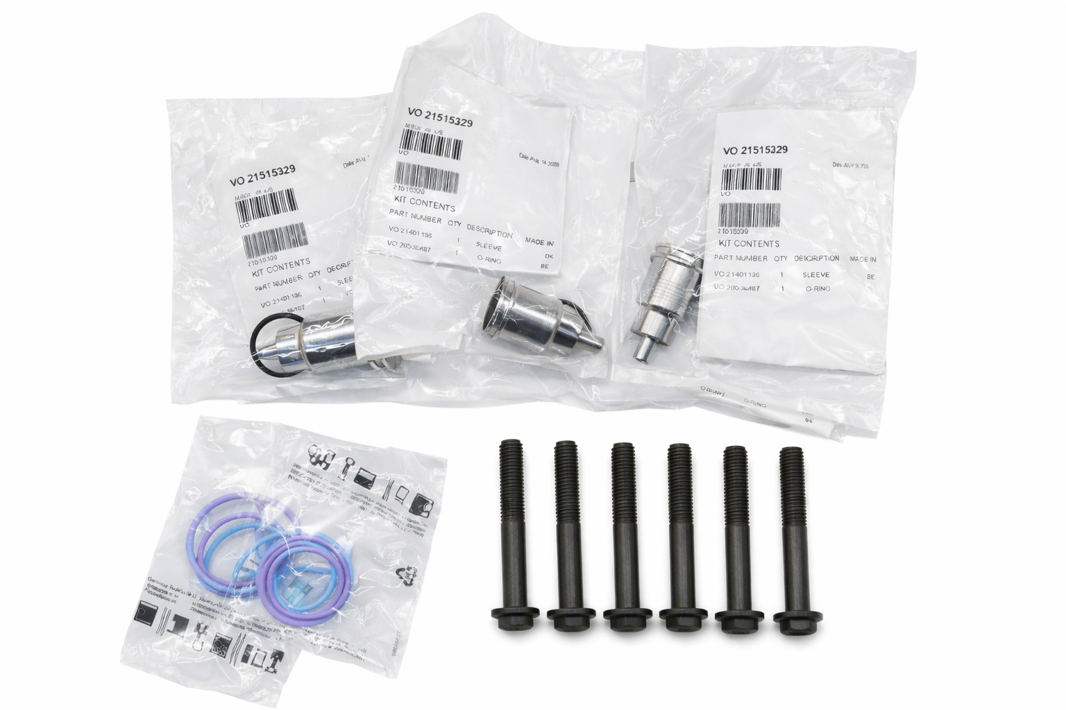 OEM Volvo Mack Engine D13 Injector Sleeve Kit 21515329 (6x) w/ Bolts & O-Rings